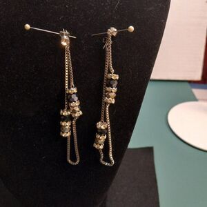 Silver toneChain, Rhinestone and Black Beaded  Pierced Earrings